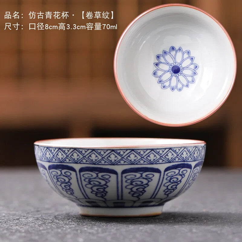Blue and White Porcelain Tea Cups Retro Fish Dargon Master Cup Puer Tea Bowl