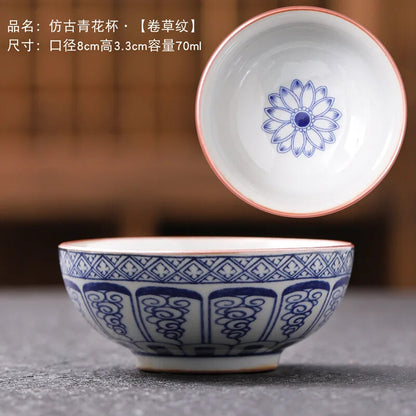 Blue and White Porcelain Tea Cups Retro Fish Dargon Master Cup Puer Tea Bowl