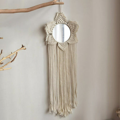 Wall Mirrors Macrame Boho Handmade Round Aesthetic Home Decor Glass Cotton 25cm