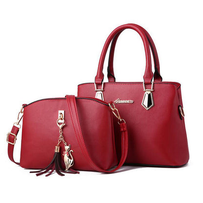 2pc Set Women PU Leather Handbags Shoulder Bags Tote Messenger Bag Satchel Purse