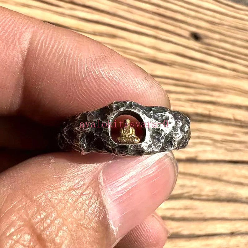 Retro Handcarved Grotto Buddha Statue Rings Adjustable Amulet Buddhist Jewelry