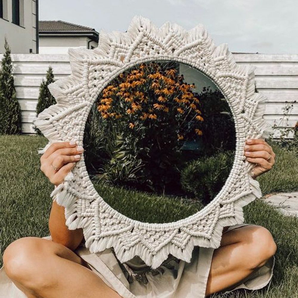 Wall Mirrors Macrame Boho Handmade Round Aesthetic Home Decor Glass Cotton 25cm