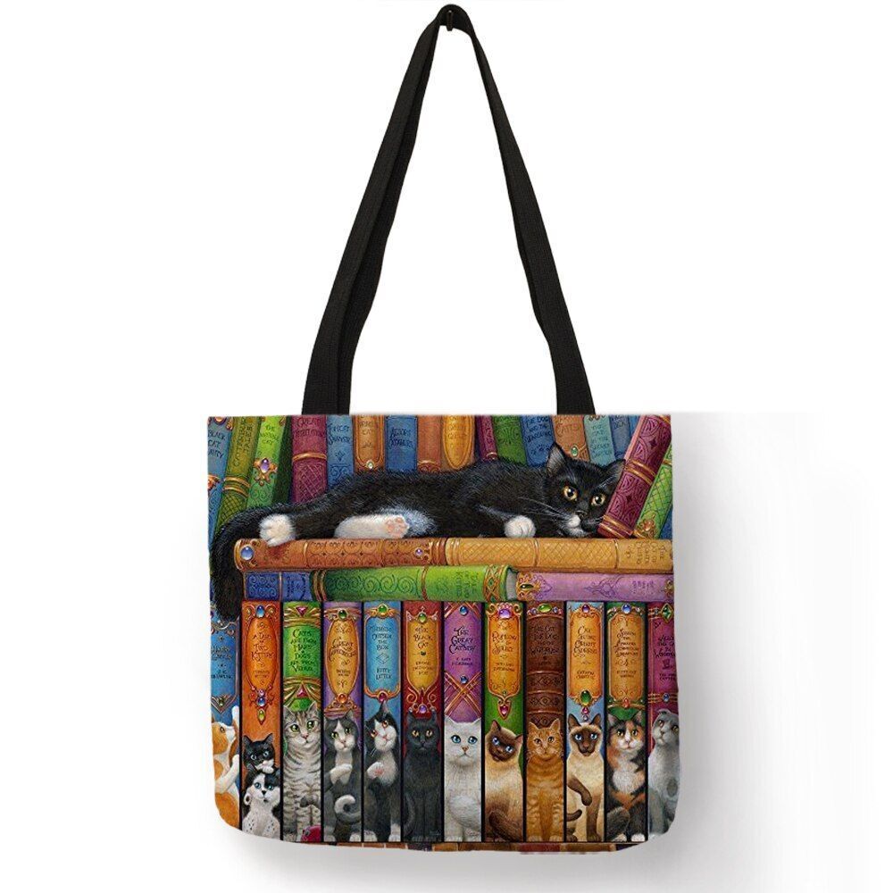 Cat Print Tote Bag Linen Reusable Shopping Bag Oil Painting Shoulder Shopper Bag