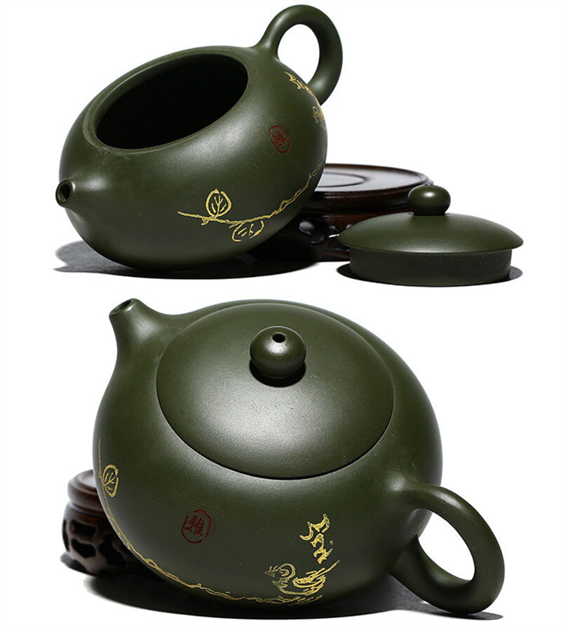 8.8 Oz Chinese Tea Pot Floral Print Real Yixing Zisha Republic Green Clay Xishi
