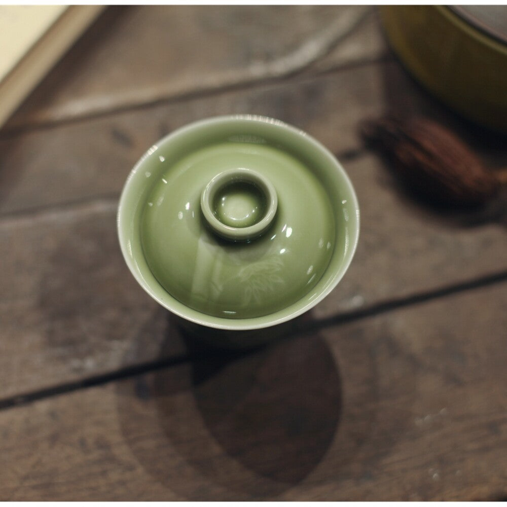 Boutique Handmade Gaiwan Porcelain Tea Cup Bamboo Relief Celadon Tureen 100ml