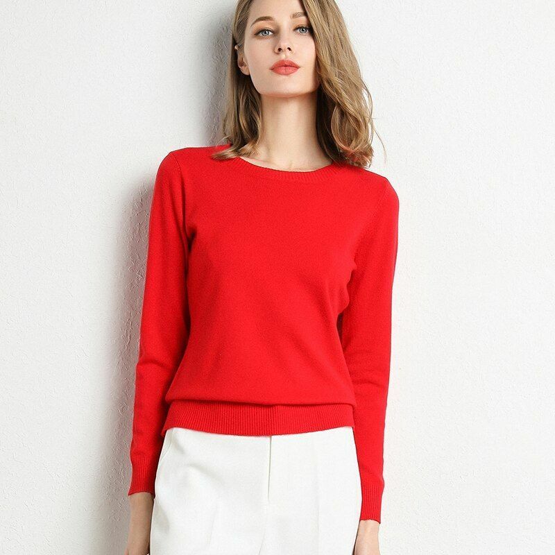 Women Sweater Clothes Solid Round Neck Jumper Long-sleeved Knitted Pullovers