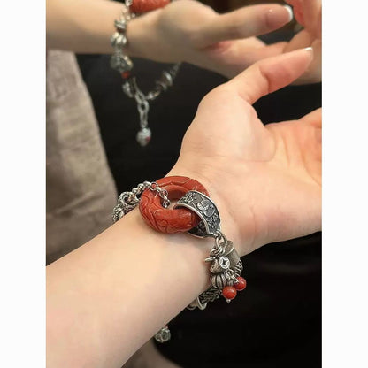Vintage Chinese Jade Bracelet Retro Silver Tassel Beaded Bracelet for Women