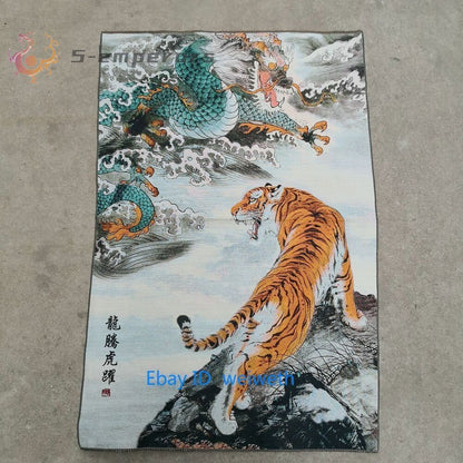 Tibetan hand made Nepal Silk Embroidered thangka -- Tiger and Dragon statue
