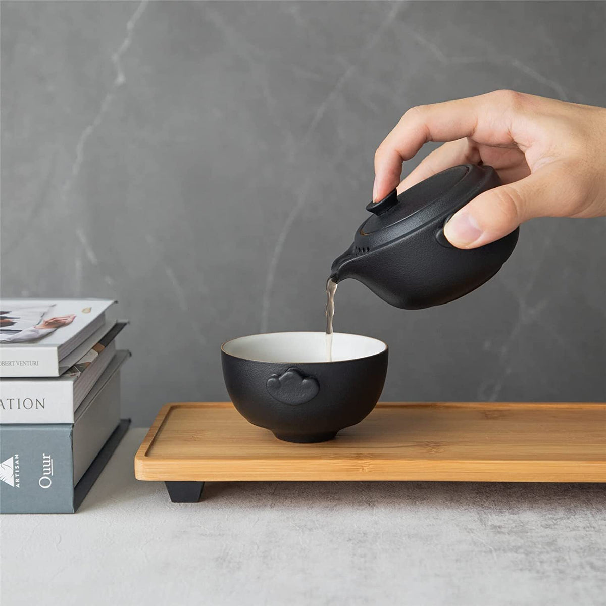 Chinese Kungfu Tea Set with 1 Teapot and 1 cup for One Small Black Ceramic