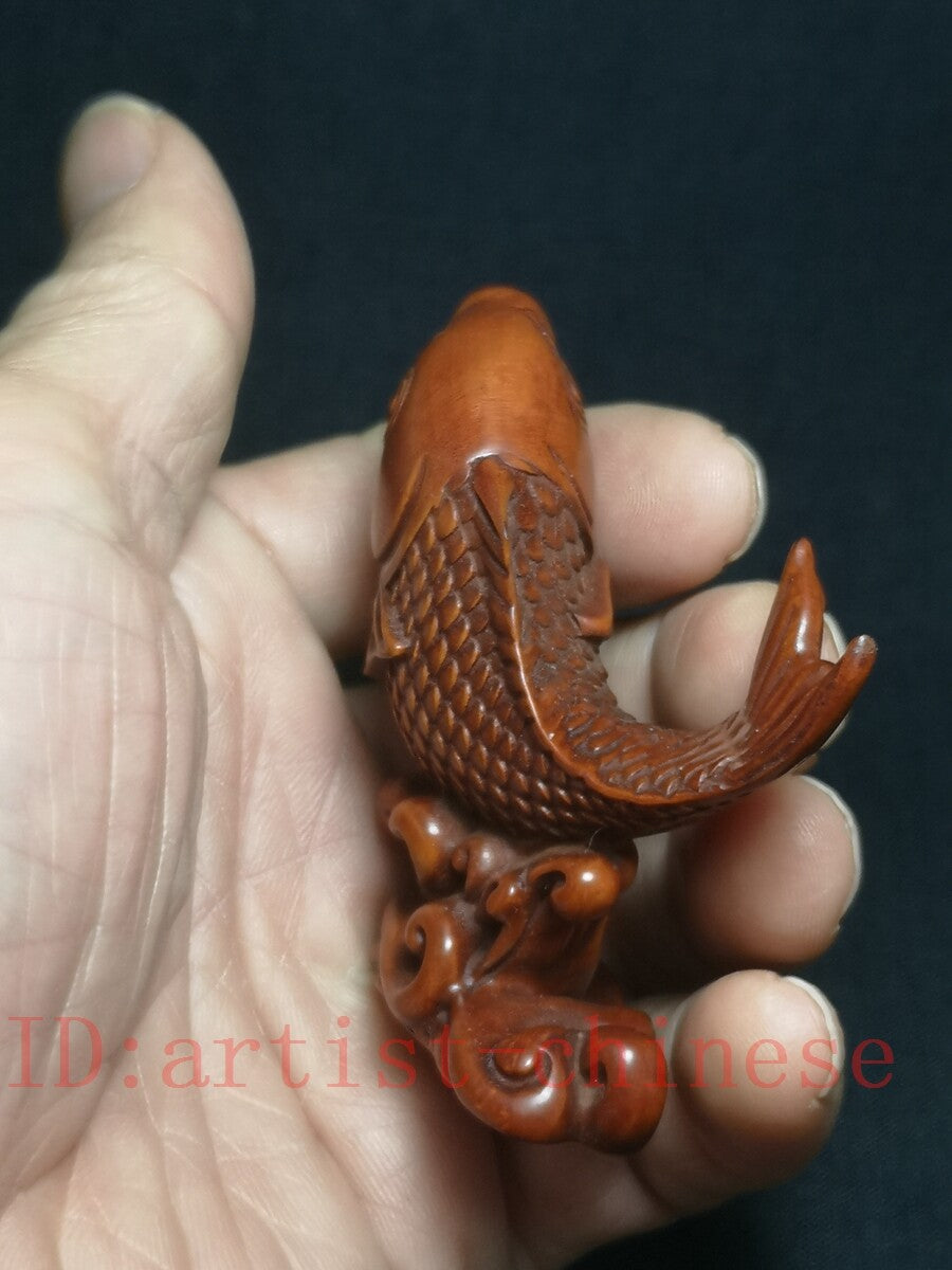 Japanese Rare Boxwood Hand Carved Lovely Fish Figure Statue Netsuke Collect Gift