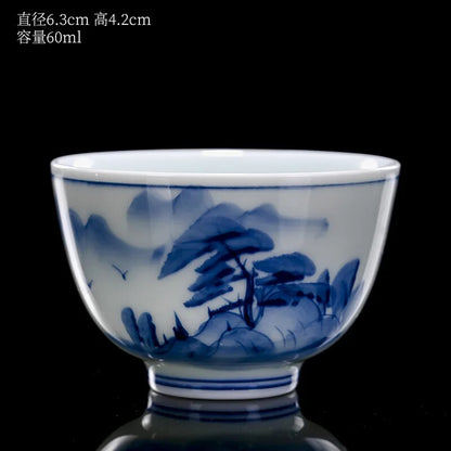 60ml Hand-painted Landscape Tea Cup Blue White Porcelain Shadow Green Tea Bowl