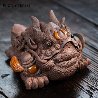 5.12" Lucky Golden Toad Statue Ornaments Yixing Purple Clay Tea Pet Handmade