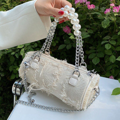 Pearl Chain Shoulder Bag Handbag Messenger Hand Cylinder Bag Purse 21*10*10 CM