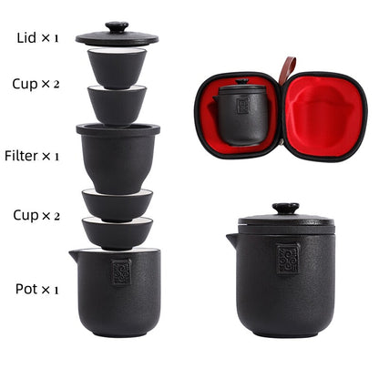 Car Travel Tea Set Ceramic Outdoor Tea Pot Four Tea Cups Filter Net Portable Bag