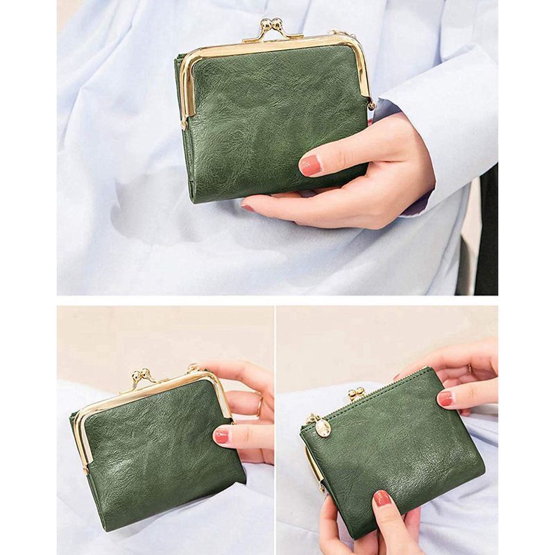 Wallet Short Bifold Retro Coin Purse Zip Kiss Lock Green Synthetic Leather Short