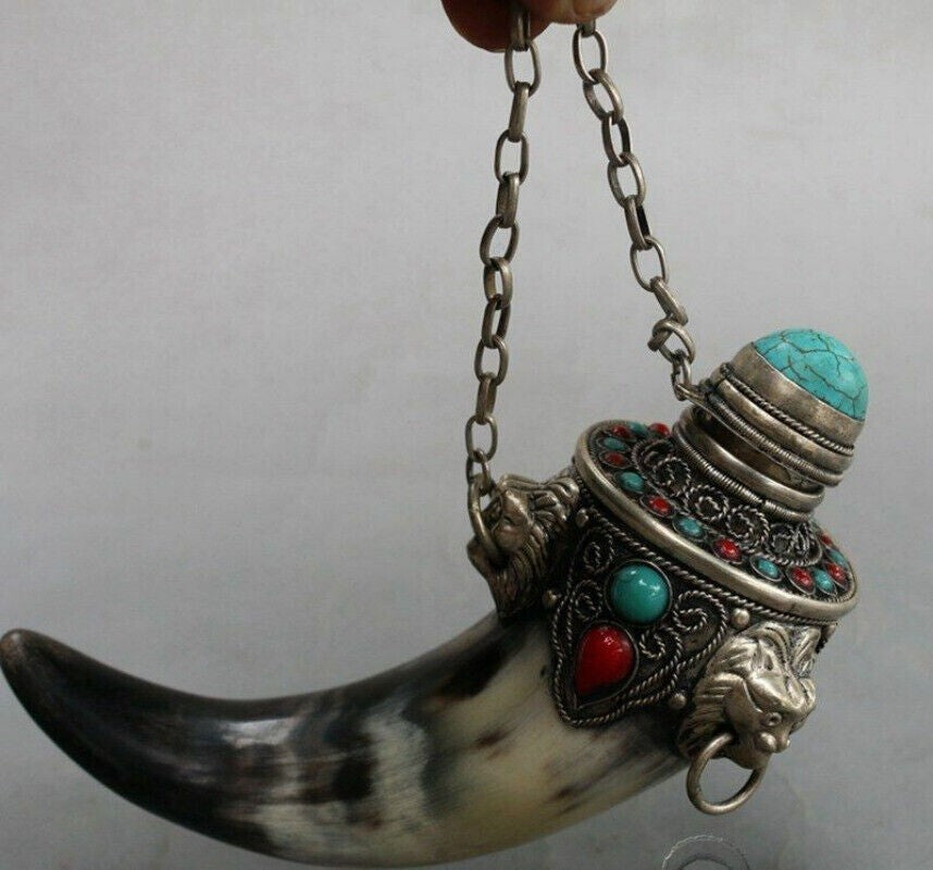 Chinese Old Buffalo Horn Bottle Turquoise White Copper Collection