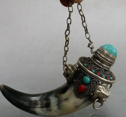 Chinese Old Buffalo Horn Bottle Turquoise White Copper Collection