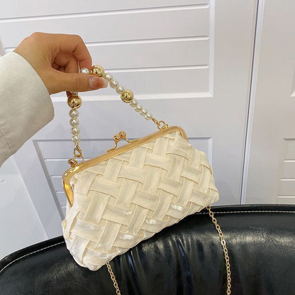 Luxury Shoulder Bag Fashion Pearl Chain Handbag Ribbon Weave Purse Crossbody Bag
