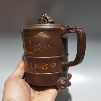 Chinese Yixing Zisha Clay Handmade Exquisite Teapot （泥绘三足壶 底款：陈鸣远）