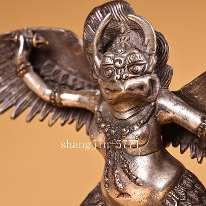 8.4"Xizang Temple Bronze silver Redpoll Winged Garuda Bird Eagle Buddha Statue