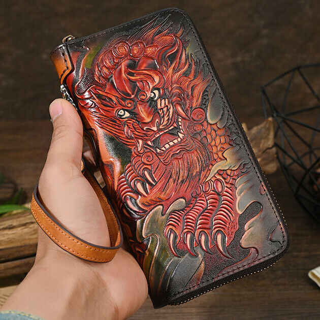 Genuine Leather Carving Crafted Vintage Long Wallet Handheld Bag Clutch Bag Men