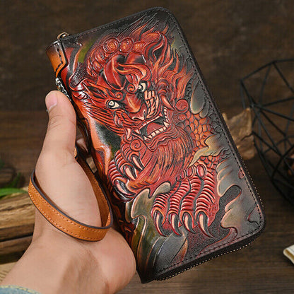 Genuine Leather Carving Crafted Vintage Long Wallet Handheld Bag Clutch Bag Men