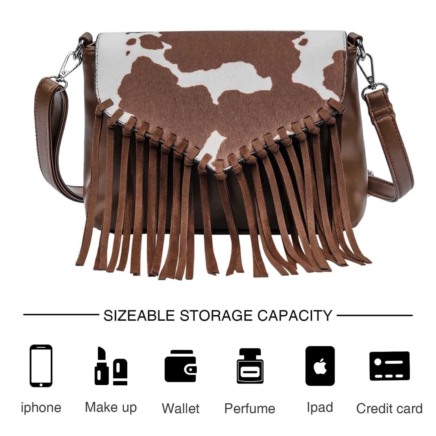 Celela Women Hair-on Cow Pattern Fringe Crossbody Handbag Shoulder Bag Purse