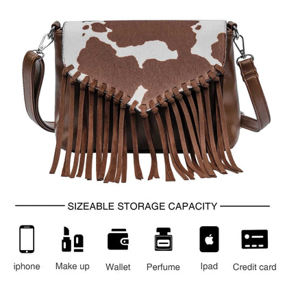 Celela Women Hair-on Cow Pattern Fringe Crossbody Handbag Shoulder Bag Purse