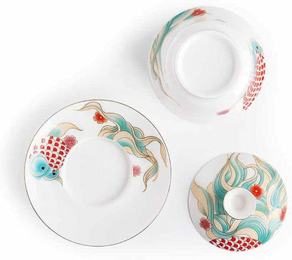 120ml Ceramic Tureen Gaiwan Fish Pattern Cup Saucer Tea Set Bowl Home Decor