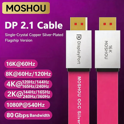 MOSHOU Flagship Flat OCC Silver‑Plated DisplayPort 2.1 Cable — 80 Gbps UHBR‑20