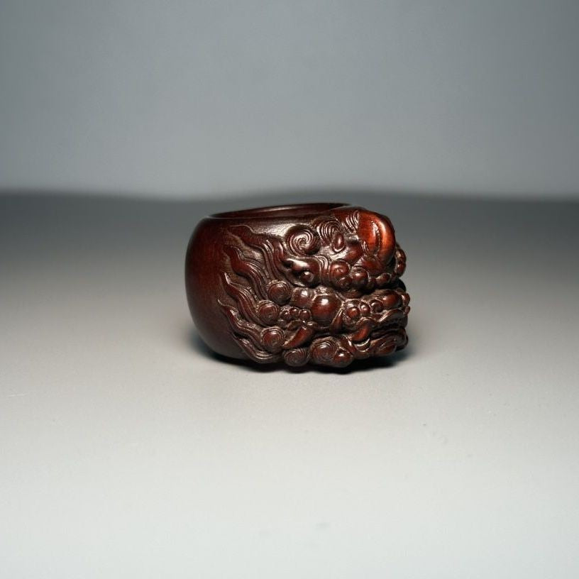 Vintage Boxwood Pixiu Ring Wooden Thumb Ring 2.0-2.2cm Antique Men’s