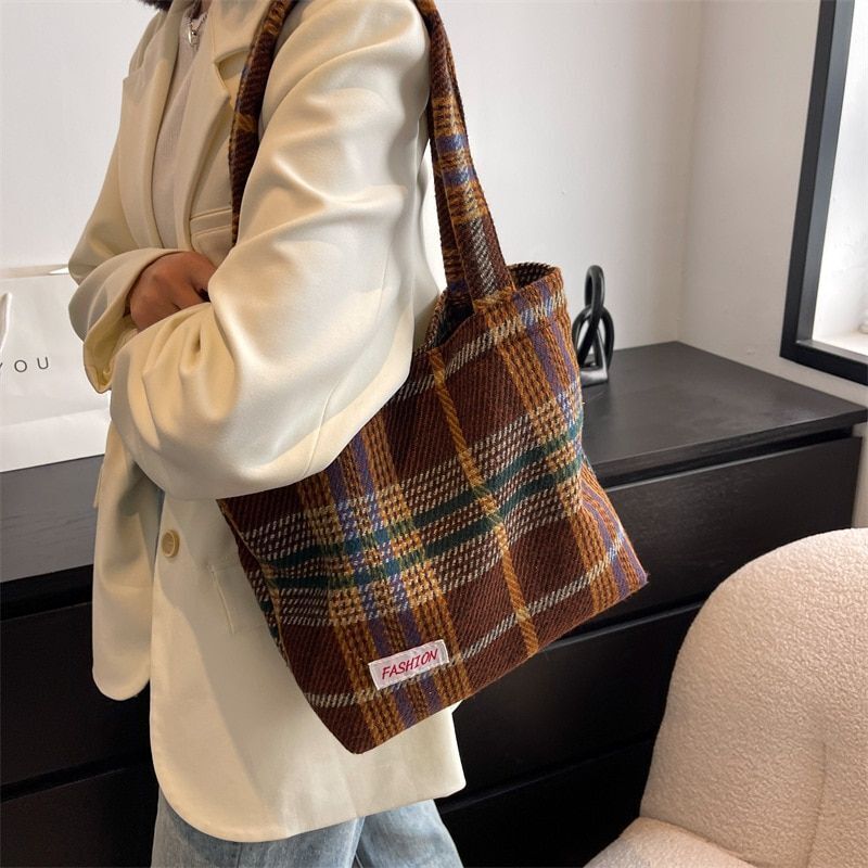 Shoulder Bag Wool Shopper Purse Large Soft Plaid Travel Handbag Green Plaid Bag