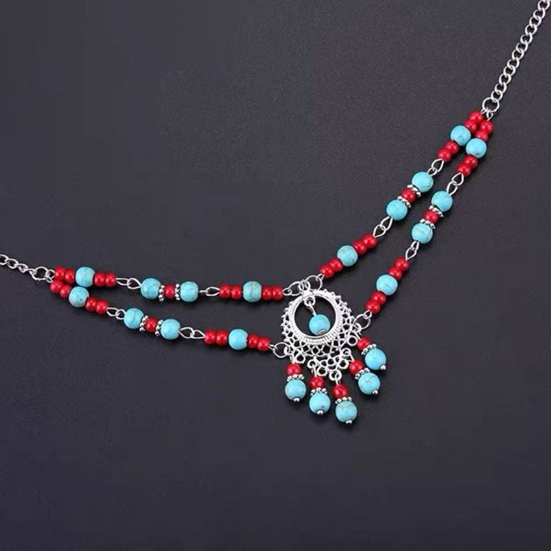 Exotic Ethnic Double Forehead Headpiece Set Tibetan Turquoise Necklace Earrings