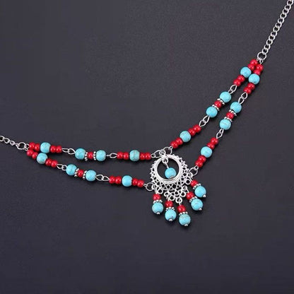 Exotic Ethnic Double Forehead Headpiece Set Tibetan Turquoise Necklace Earrings
