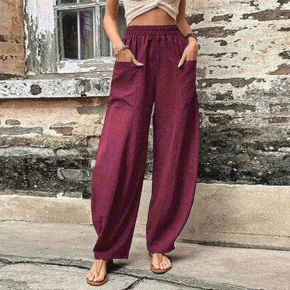 Women Summer Ice Silk Pocket Wide Leg Baggy Pants Elastic High Waist Trousers