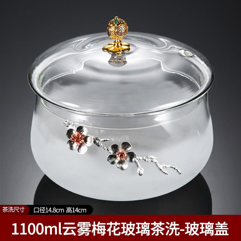 Glass Tea Washing Tea Bowl with Lid Large Water Basin Home Tea Set Accessories
