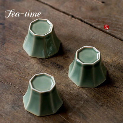 40ml Handmade Yue Kiln Celadon Octagonal Tea Cup Retro Ceramic Tea Tasting