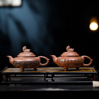 Yixing Aged Duan Clay Kylin Teapot Handcarved Auspicious Triple-foot Collectible