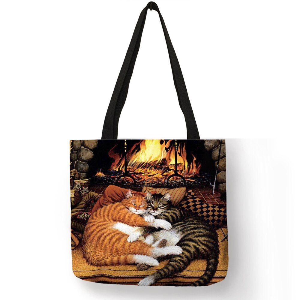 Cat Print Tote Bag Linen Reusable Shopping Bag Oil Painting Shoulder Shopper Bag