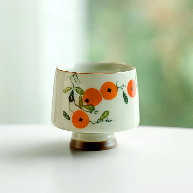 Grass Ash Teacups Hand Painted Persimmon Tea Cup Puer Cup for Tea High Foot