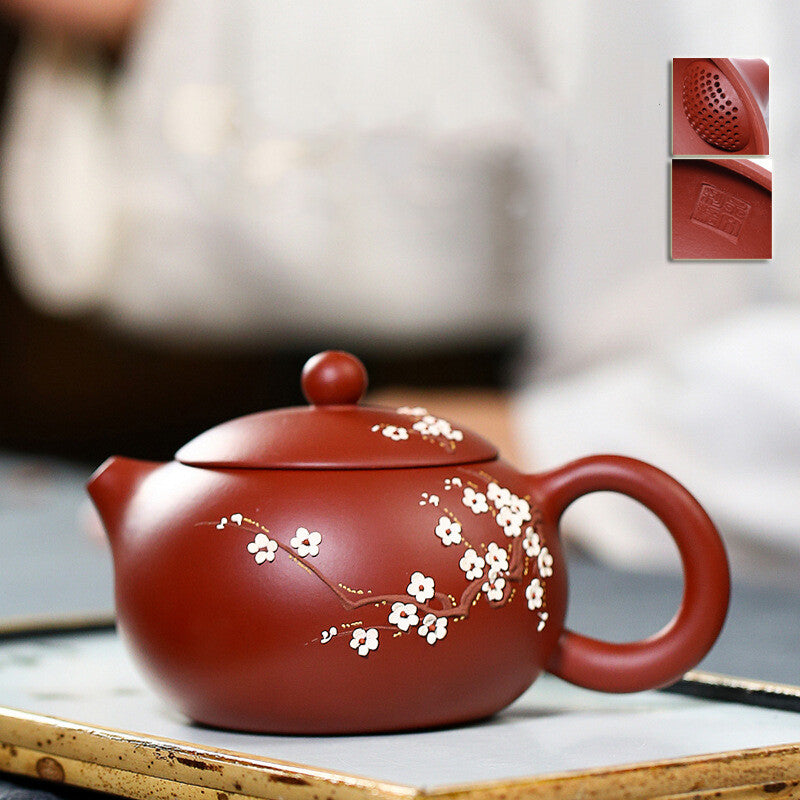 Handmade Wintersweet Floral Relief Marked Tea Pot Real Yixing Zisha Xishi Pot