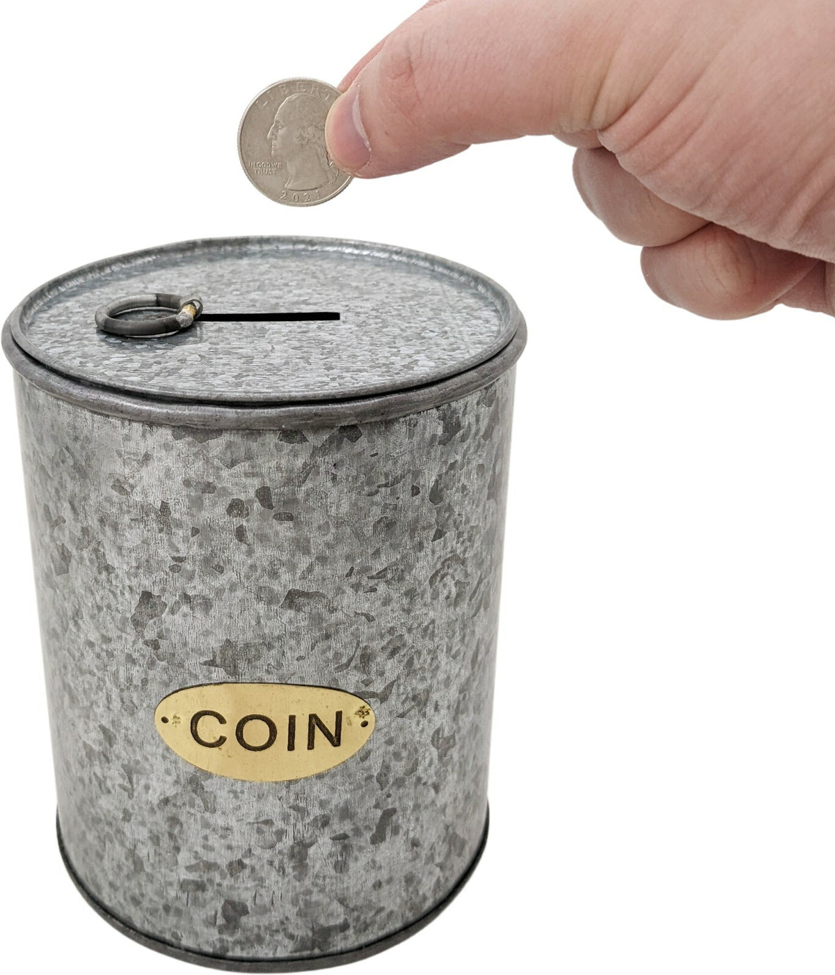 Galvanized Coin Can with Coin Slot and Removable Lid, Silver Farmhouse Piggybank