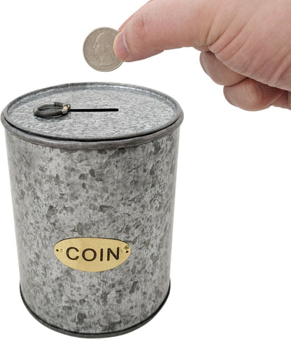 Galvanized Coin Can with Coin Slot and Removable Lid, Silver Farmhouse Piggybank