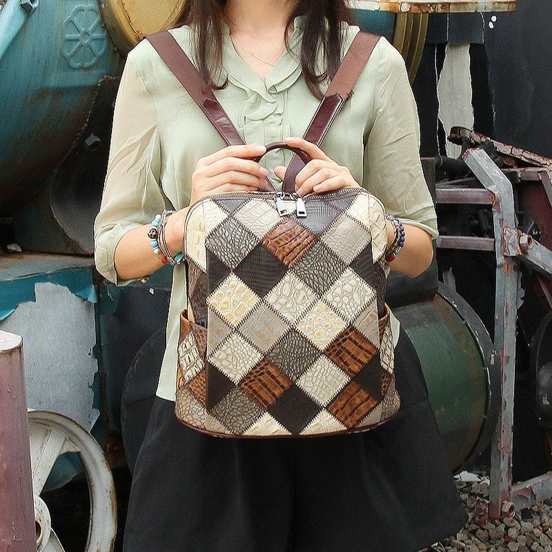 Retro Backpack Genuine Leather Shoulder Bags 12" Travel Bag Patchwork Multicolor