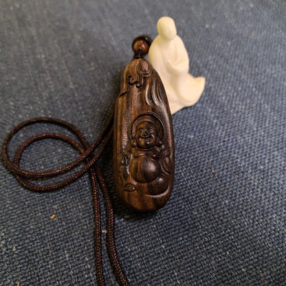 Natural Wood Carving Necklace Maitreya Buddhism Pendant Men Woman Blessing Gift