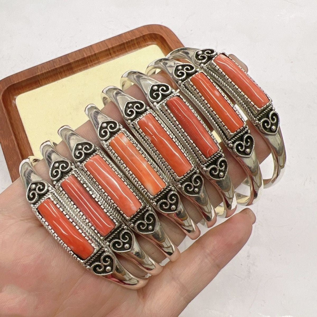 Mongolian Bracelet Adjustable Ethnic Silver Bangle Carved Red Inlay Jewelry