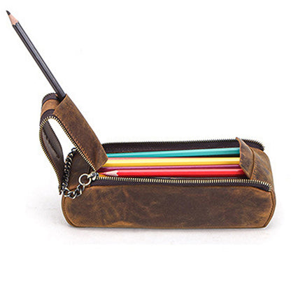 Genuine Leather Zipper Pen Pencil Case Bag Handmade Vintage Retro Creative Case