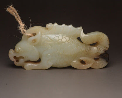 Old Peking Chinese Hetian Jade Carving Dragon Fish Statue Unique Wonderful Art