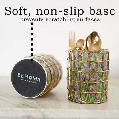 Set of 2 Elegant Stainless Steel (Gold Color) and Green Glass Silverware Holders