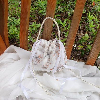 Chinese Hanfu Pearl Purse Tote Bag Ruffle Lace Embroidery Wallet Handbag Gift